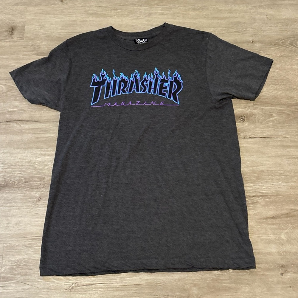 Thrasher Charcoal Tee with Blue Flame Logo